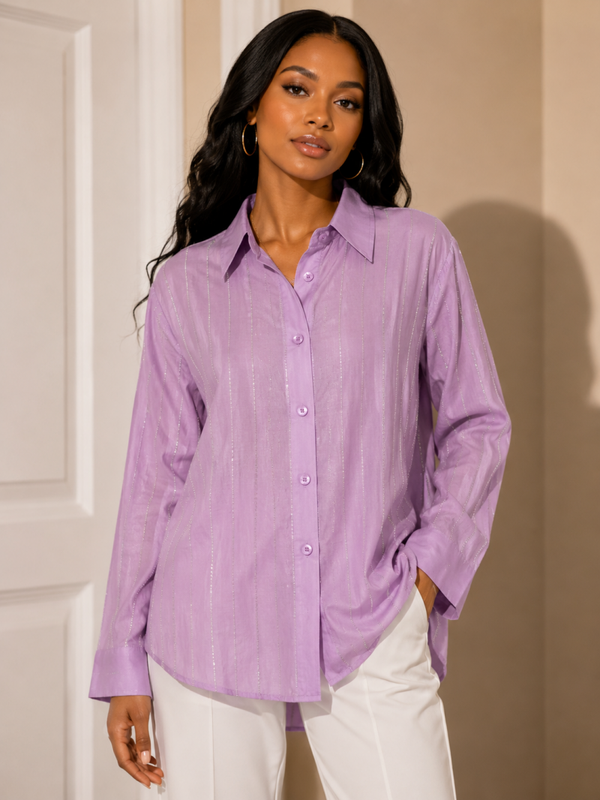 Lavender Shimmer Stripe Button-Up Blouse