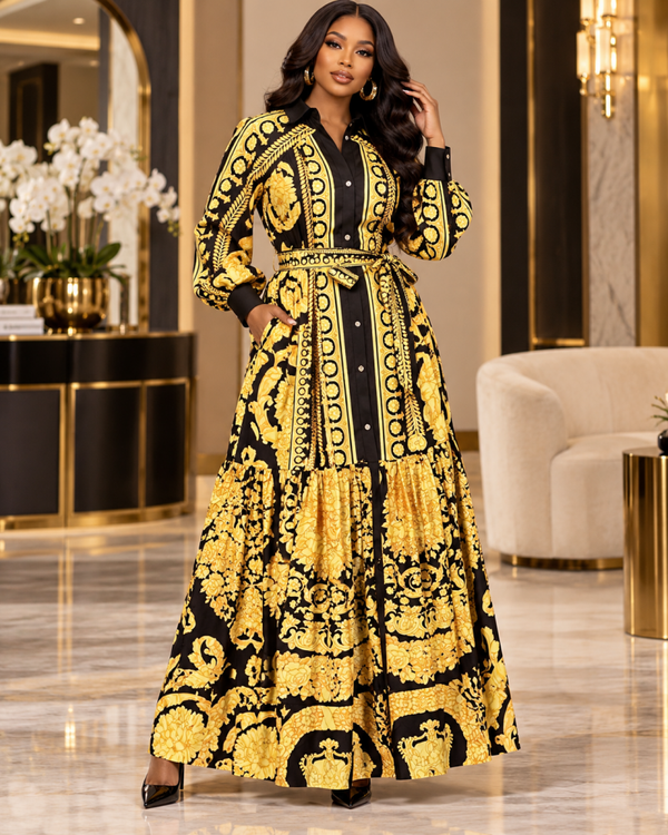 Royal Elegance Black & Gold Baroque Maxi Dress