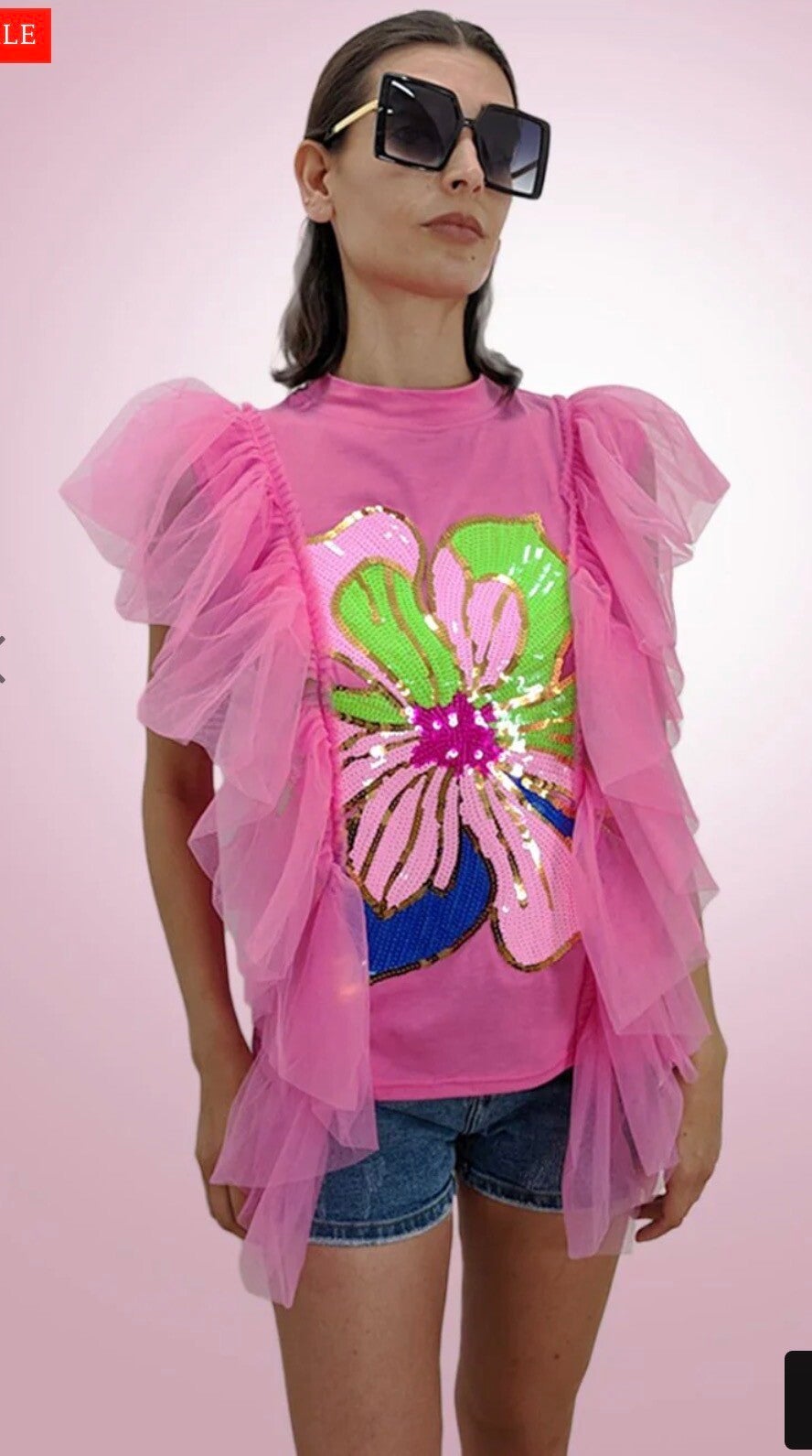 Tulle and Sequin Flower Top - Fushia