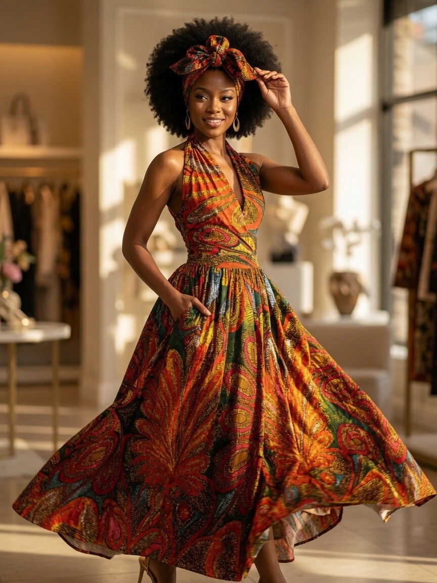 African Halter Dress with Headwrap