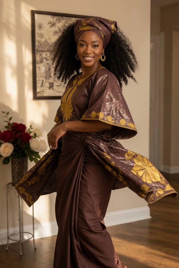 Burgundy and Gold African Dress, Sarong and Headwrap - SP18#