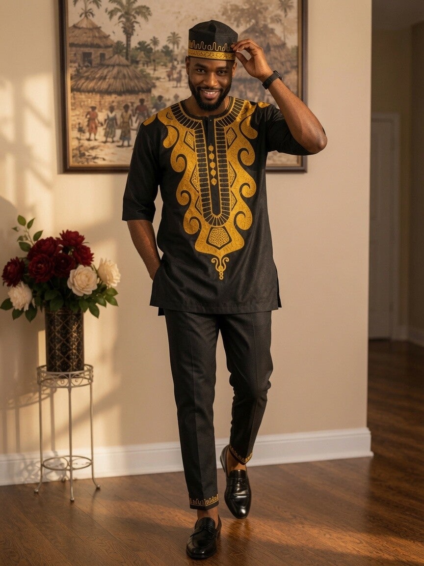 Black and Gold Dashiki Pants and Kufi Fl-20083