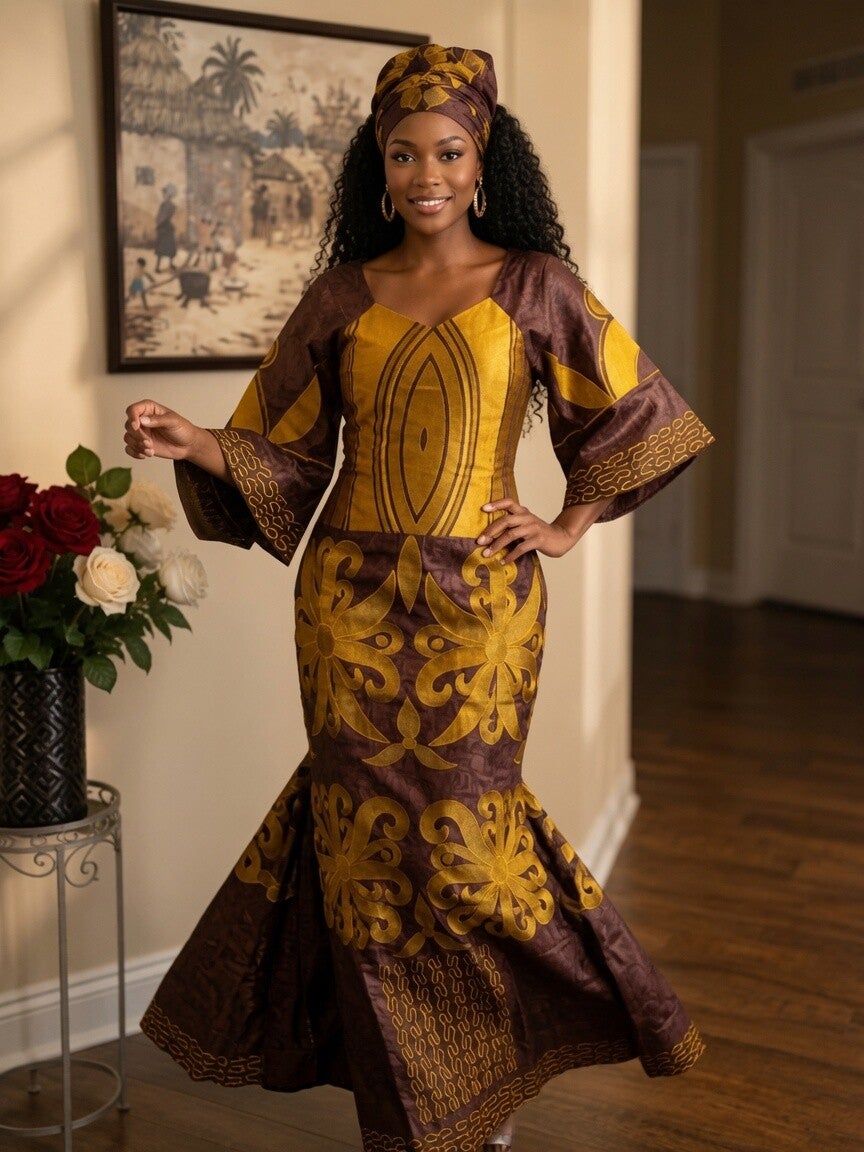 Gold and Burgundy African Dashiki Dress w Headwrap