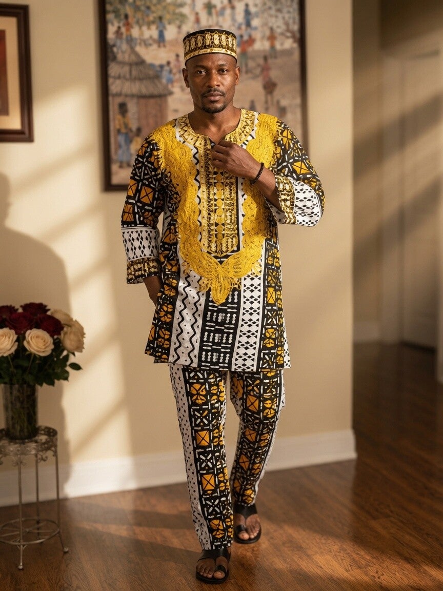 Black Gold and White African Dashiki Pants and Kufi Set