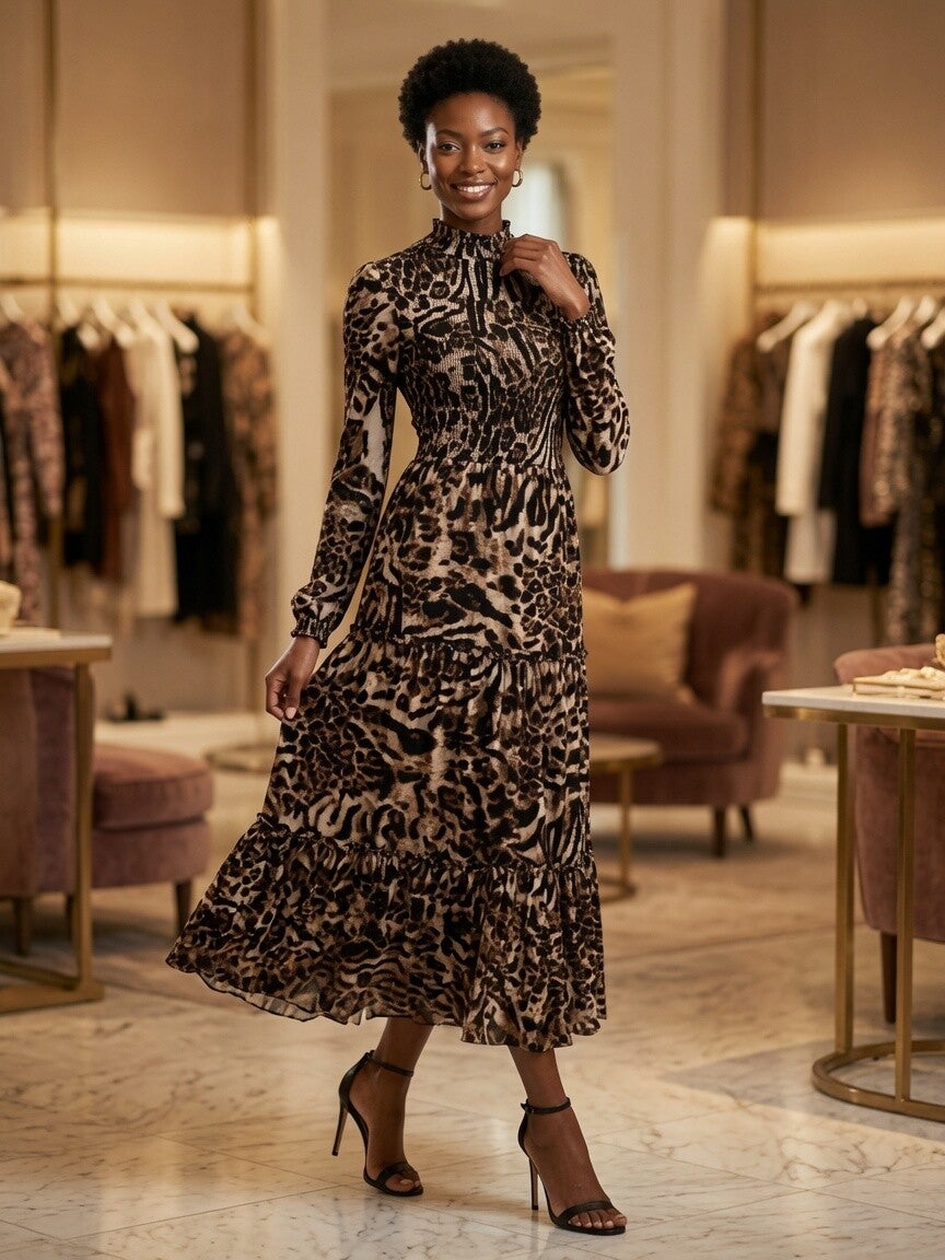 Leopard Maxi Long Sleeve Dress