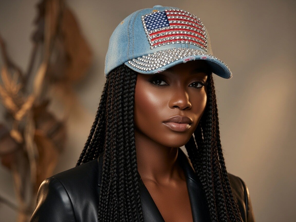 American Flag Bling Lt Blue Denim Ballcap