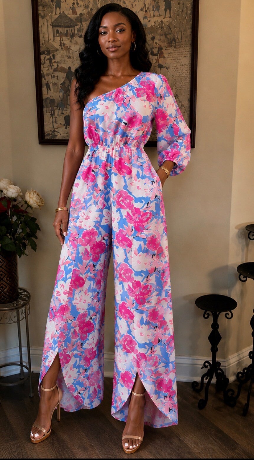 Floral One Shoulder Split-Leg Jumpsuit