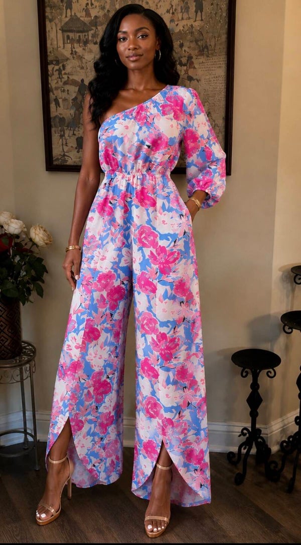 Floral One Shoulder Split-Leg Jumpsuit