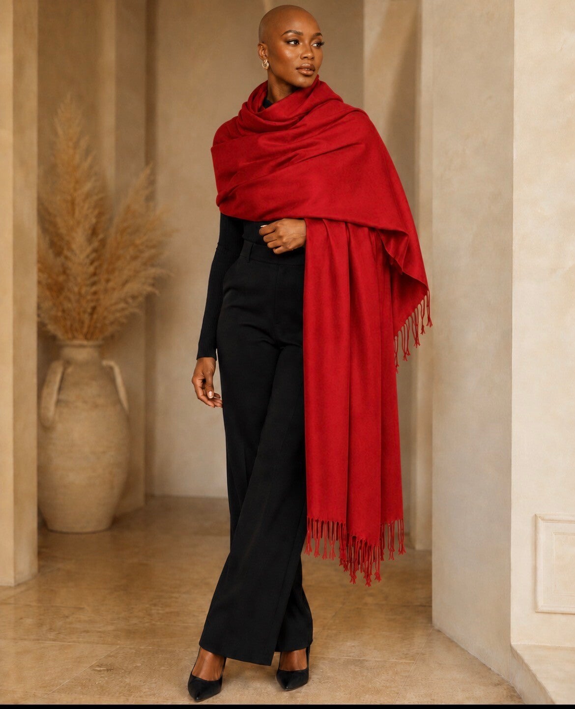Red Fringe Pashmina Shawl Wrap