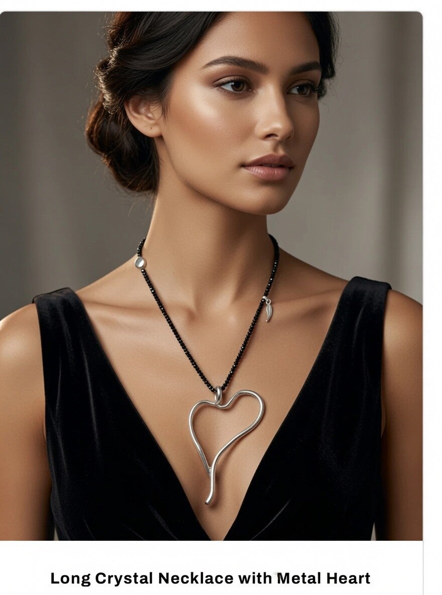 Long Black Crystal Necklace with Metal Heart