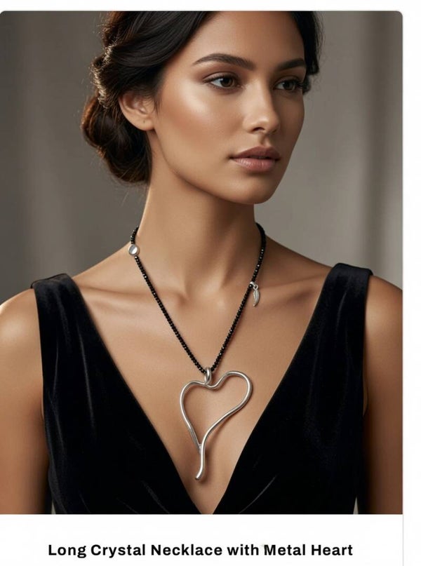 Long Black Crystal Necklace with Metal Heart