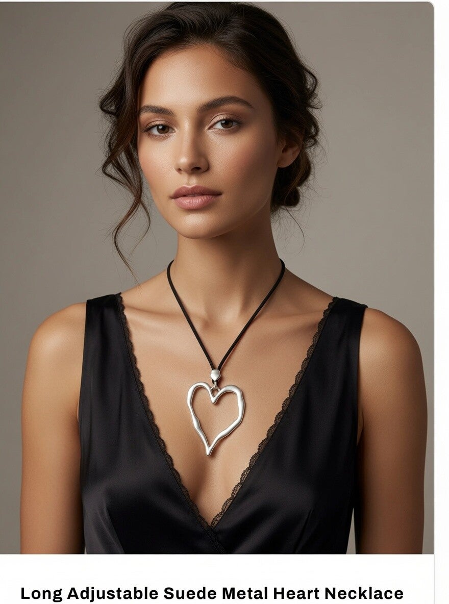 Long Adjustable Suede Heart Necklace