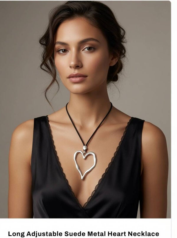 Long Adjustable Suede Heart Necklace