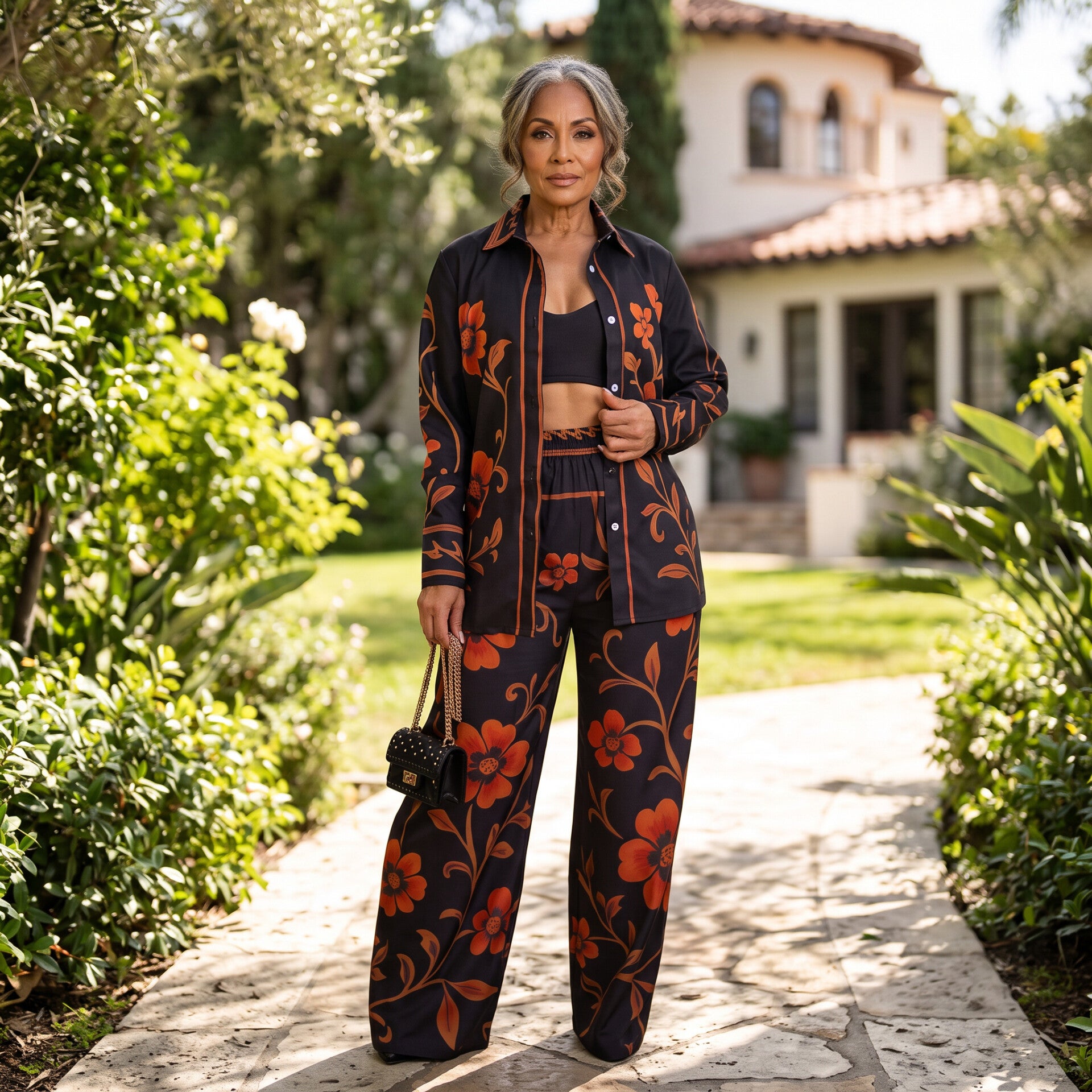 Black and Orange 2 piece Top and Pants Set