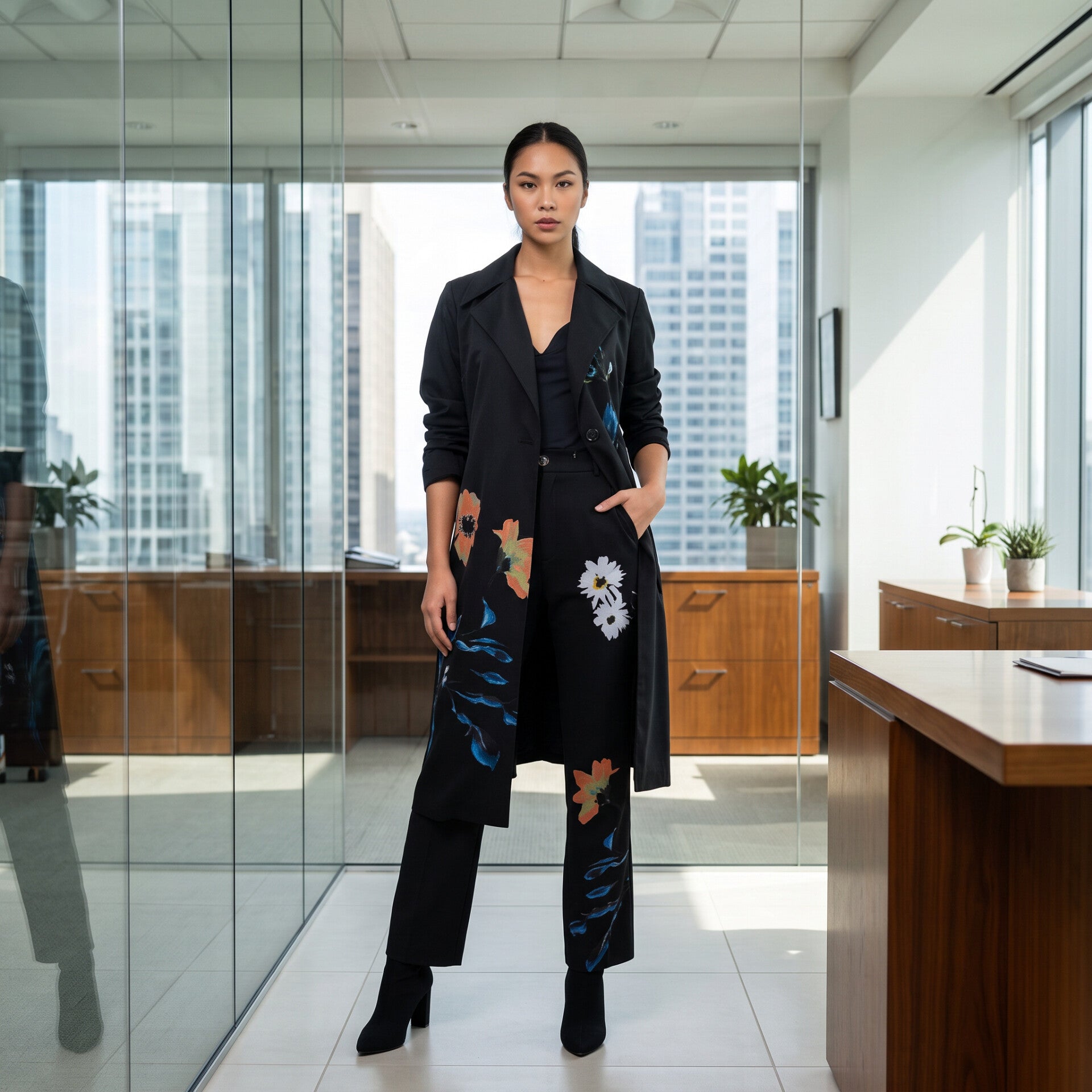 Black 2 Piece Long Jacket and Pants Set