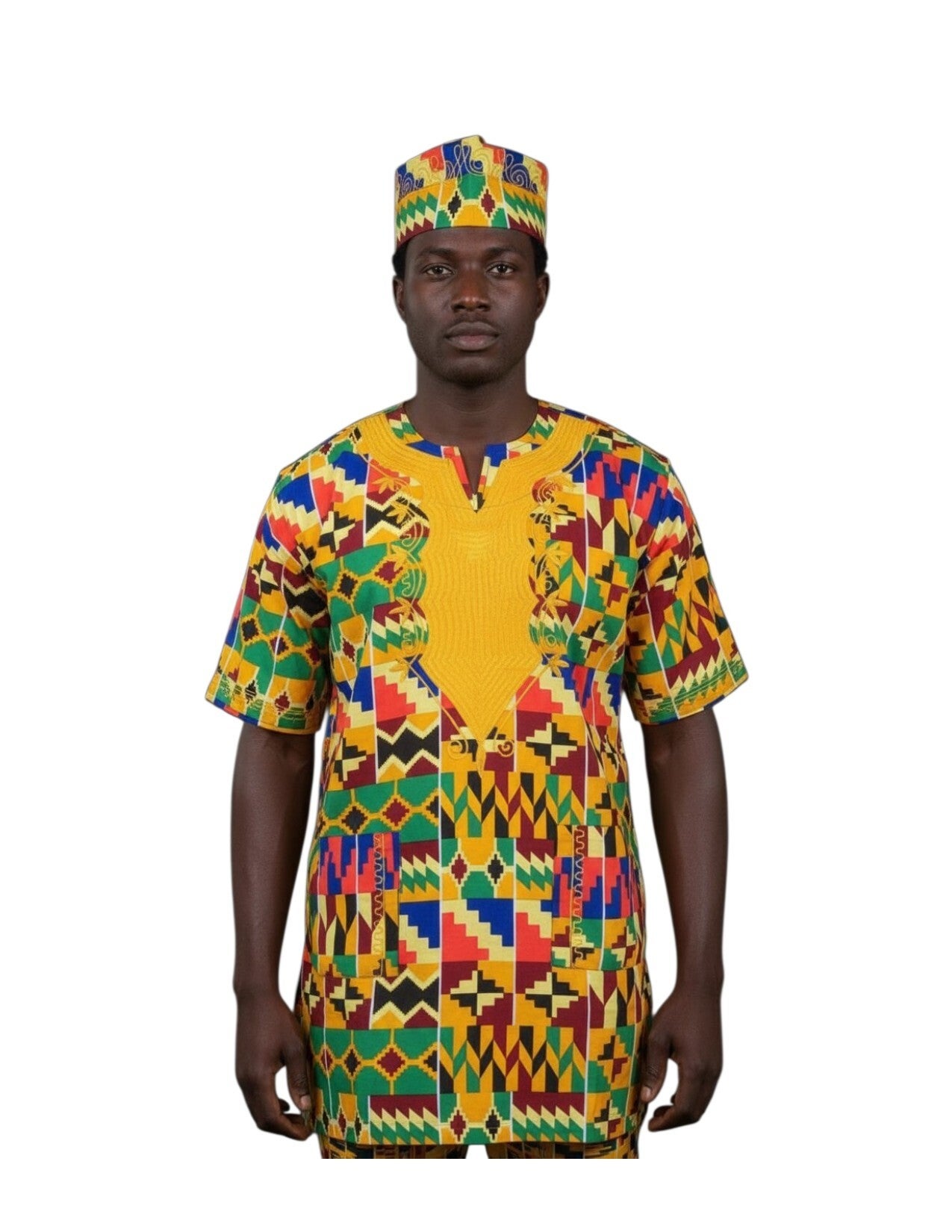 Kente Gold Embroidered Dashiki Shirt with Hat - M032