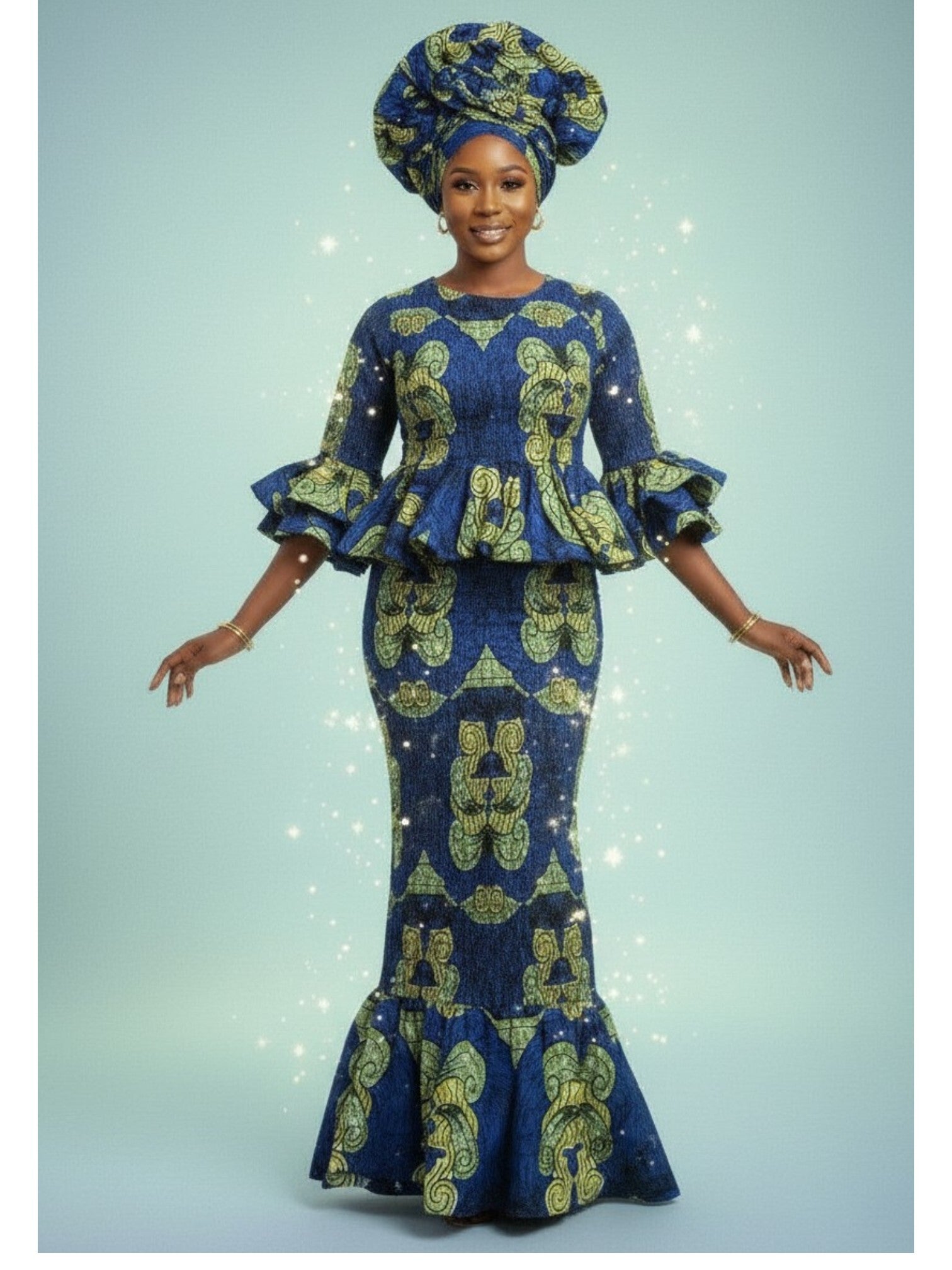 African Blue 3 pieces Skirt Top and Headwrap