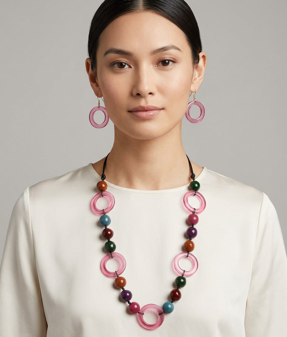 Long Vinyl Cords with Lucite Circles & Painted Beads