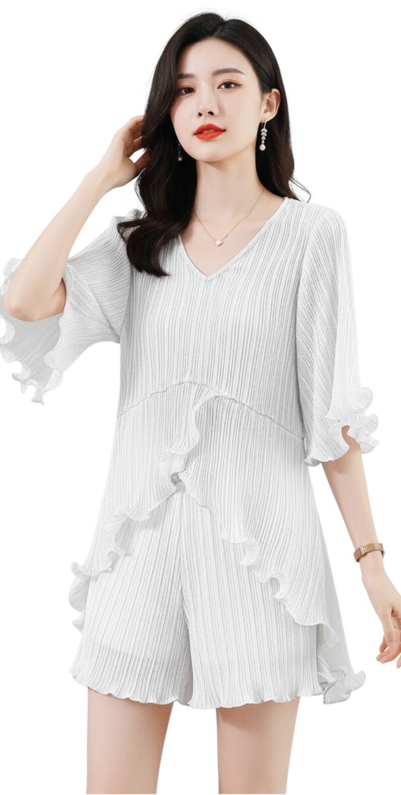 2 piece Crinkled Top and Shorts Set  White