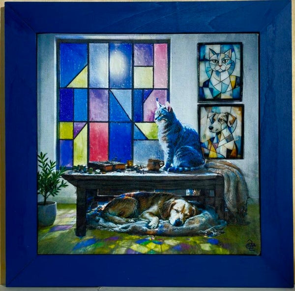 251 Stain-glass sleepy Dog under table with Cat