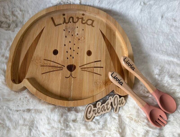 Assiette lapin en bois personnalisé avec gravure