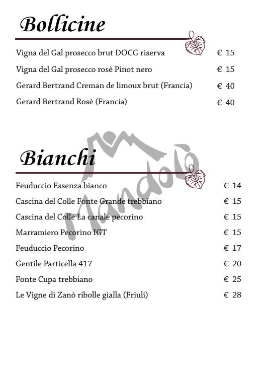 MENù VINI BIANCHI E BOLLICINE
