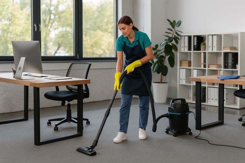Professionelle Büroreinigung in Istrien – eine Reinigungskraft säubert moderne Büroräume gründlich und hygienisch