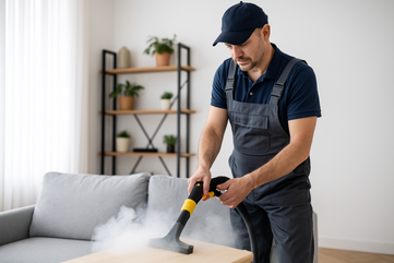 Professionelle Dampfreinigung – eine Reinigungskraft säubert gründlich einen Boden mit einem Dampfreiniger in einem modernen Innenraum. Hygienische Tiefenreinigung für makellose Sauberkeit in Wohn- oder Geschäftsräumen.