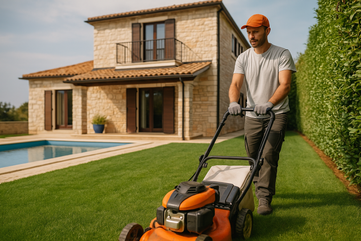 Gardener trimming a hedge in front of an Istrian villa