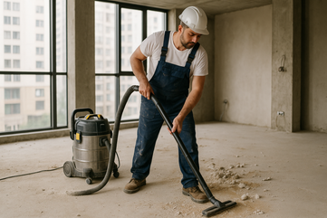 Ein Bauarbeiter reinigt den Boden einer Baustelle mit professioneller Ausrüstung. Im Hintergrund sind Baustellenmaterialien sichtbar – der Raum wirkt fast fertiggestellt.