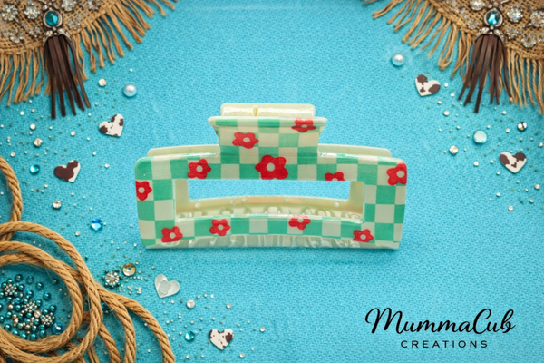 Medium Checkered Green with Pink Flowers Hair Claw Clip