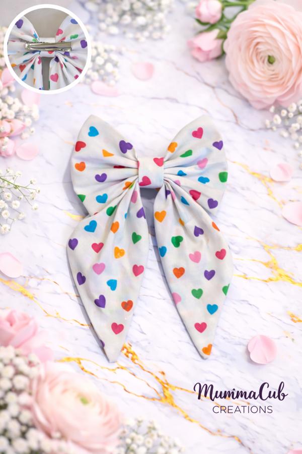Small White Rainbow Hearts Hair Bow