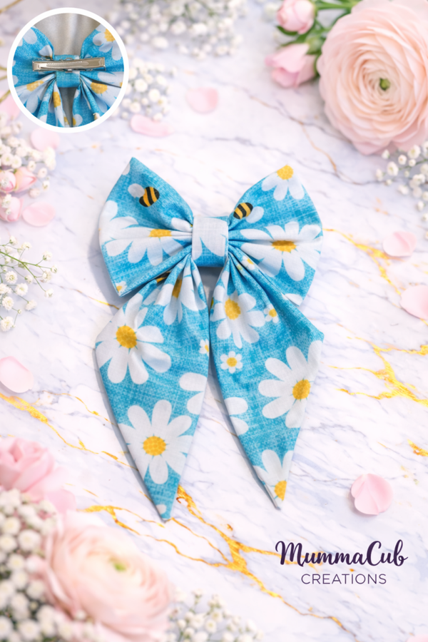 Small Blue and White Flowers with Bees Hair Bow