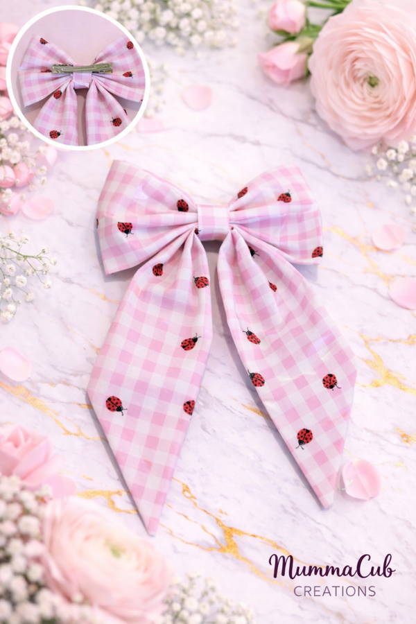 Large Pink Checkered Ladybug Hair Bow