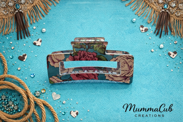 Medium Green with Flowers Hair Claw Clip