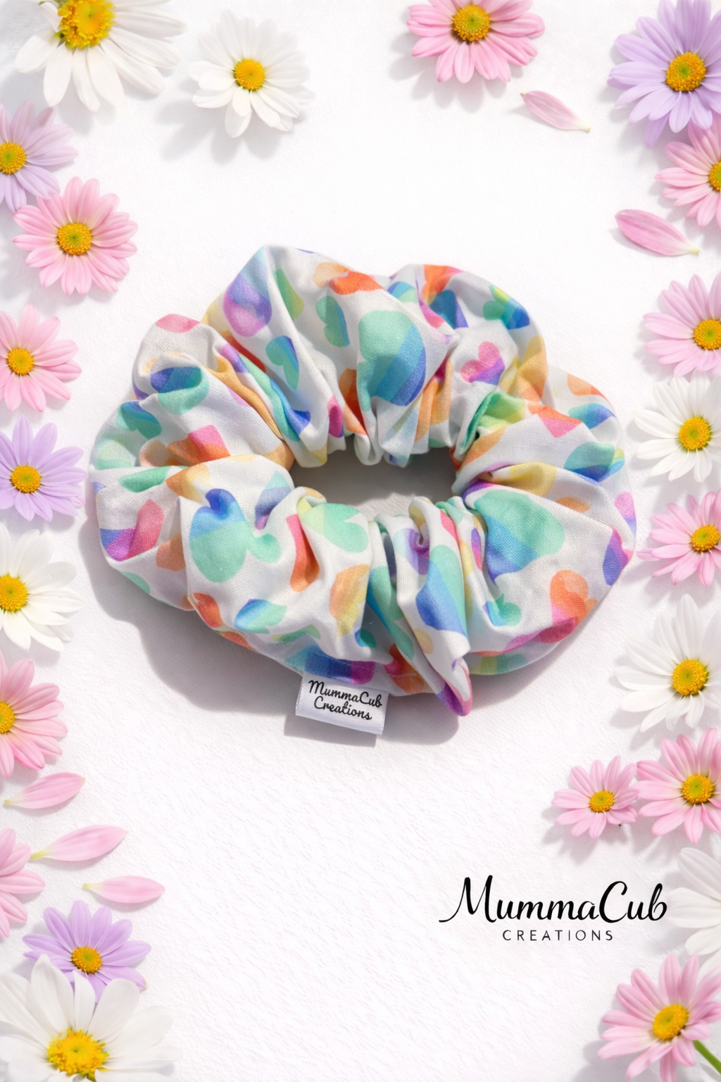 Large Rainbow Pastel Hearts Scrunchie