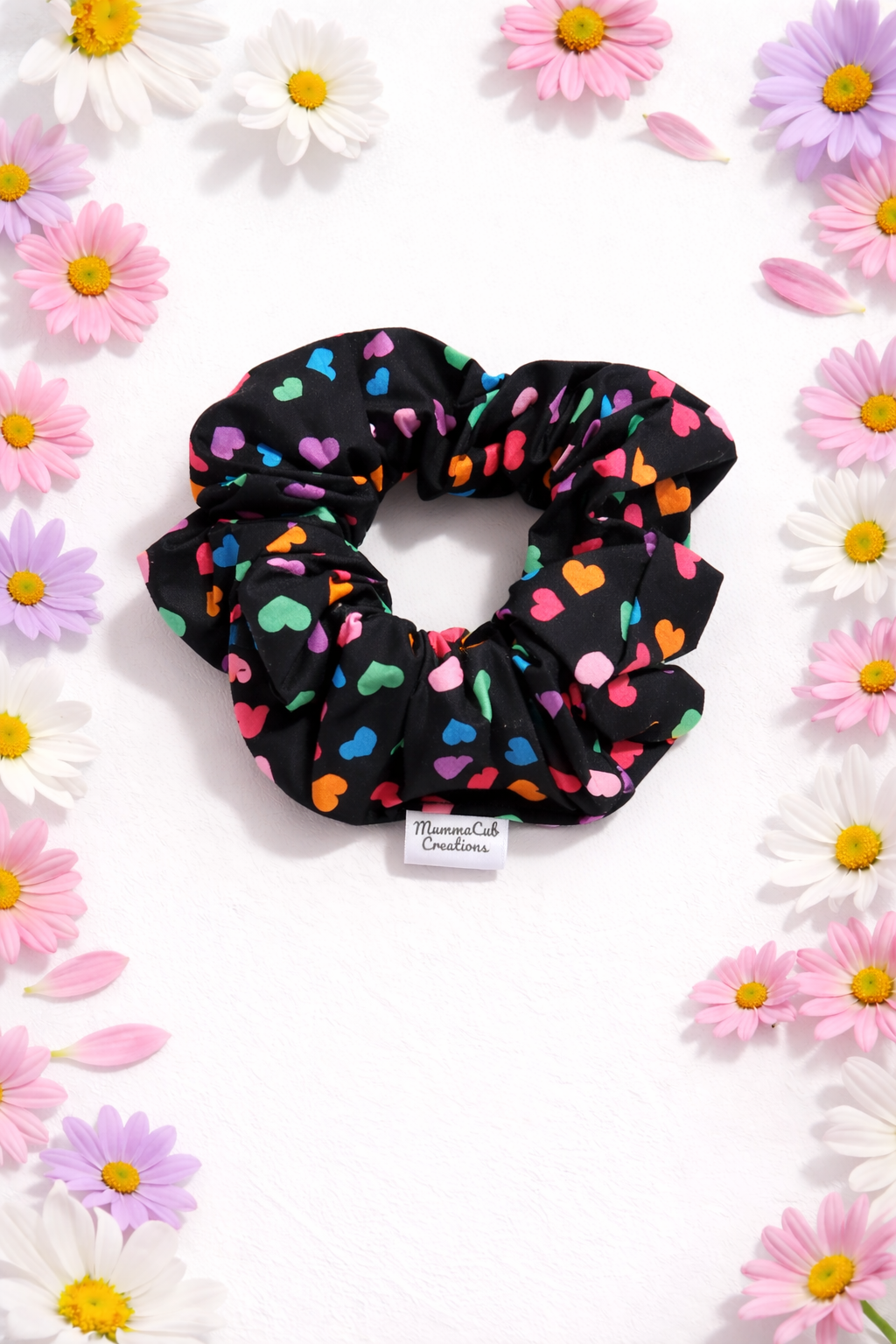 Large Black Rainbow Hearts Scrunchie