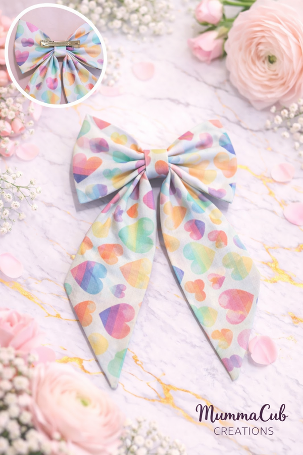 Large Pastel Rainbow Hearts Hair Bow