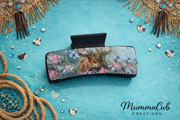 Large Black Hair Claw Clip With Flowers and Light Brown Cow