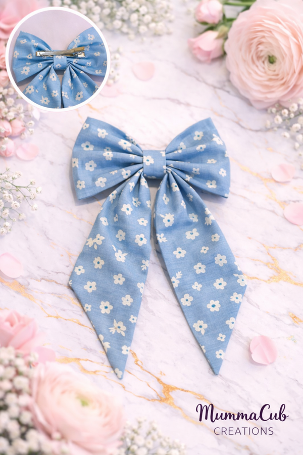 Large Blue with Daisies Hair Bow