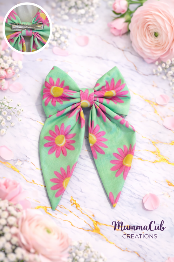 Small Green and Pink Flowers Hair Bow