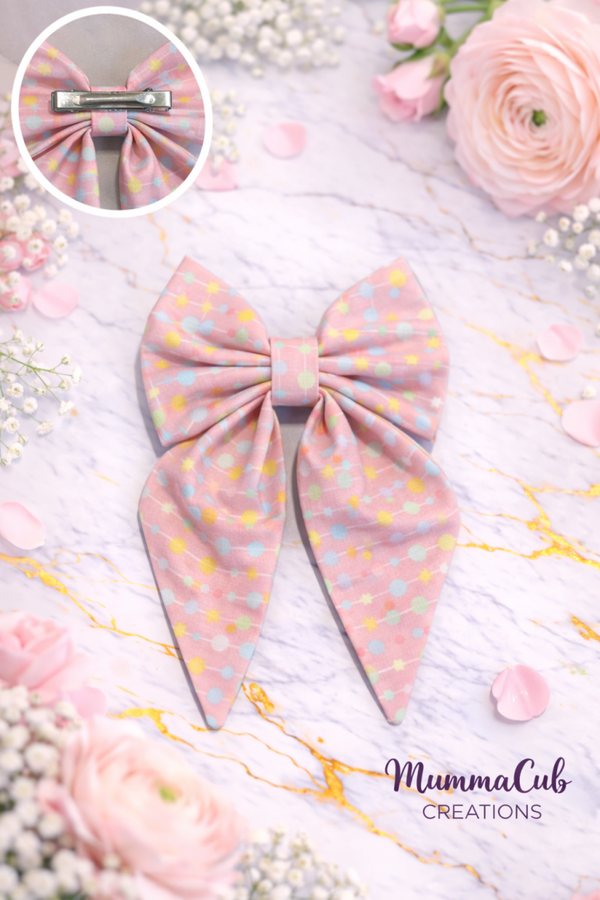 Small Soft Pink and Rainbow Spots Hair Bow