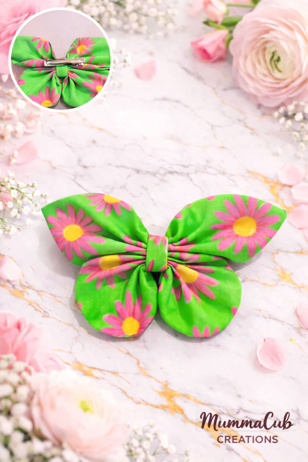 ‘Butterfly Style’ Green with Pink Flowers hair bow