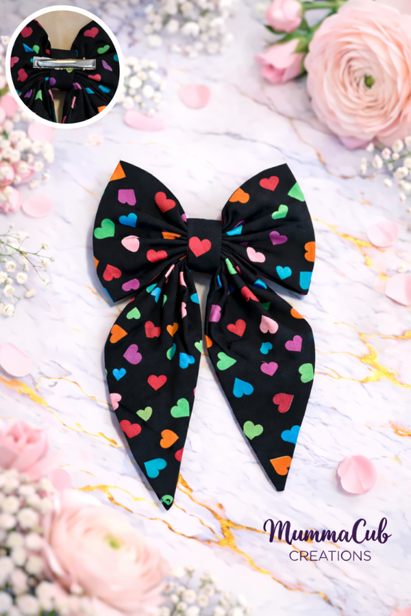 Small Black Rainbow Hearts Hair Bow