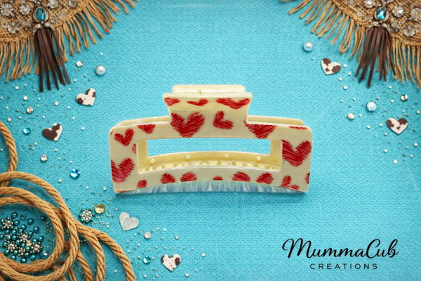 Medium White with Red Hearts Hair Claw Clip