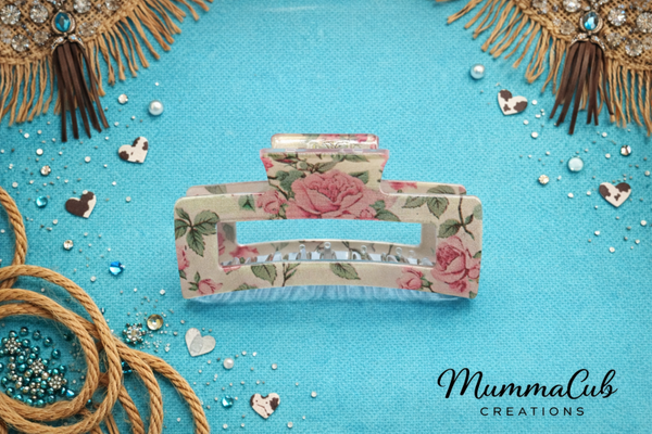 Medium White with Pastel Pink Flowers Hair Claw Clip