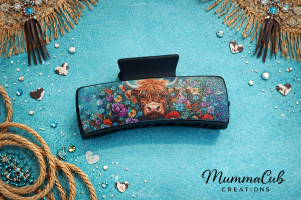 Large Black Hair Claw Clip with Blue Flower Background