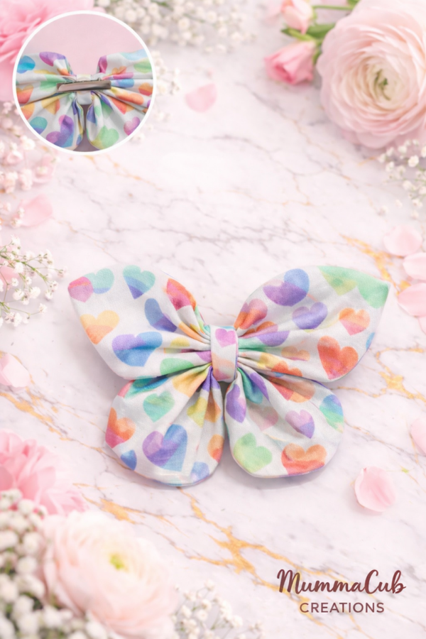 ‘Butterfly Style’ rainbow pastel hearts hair bow