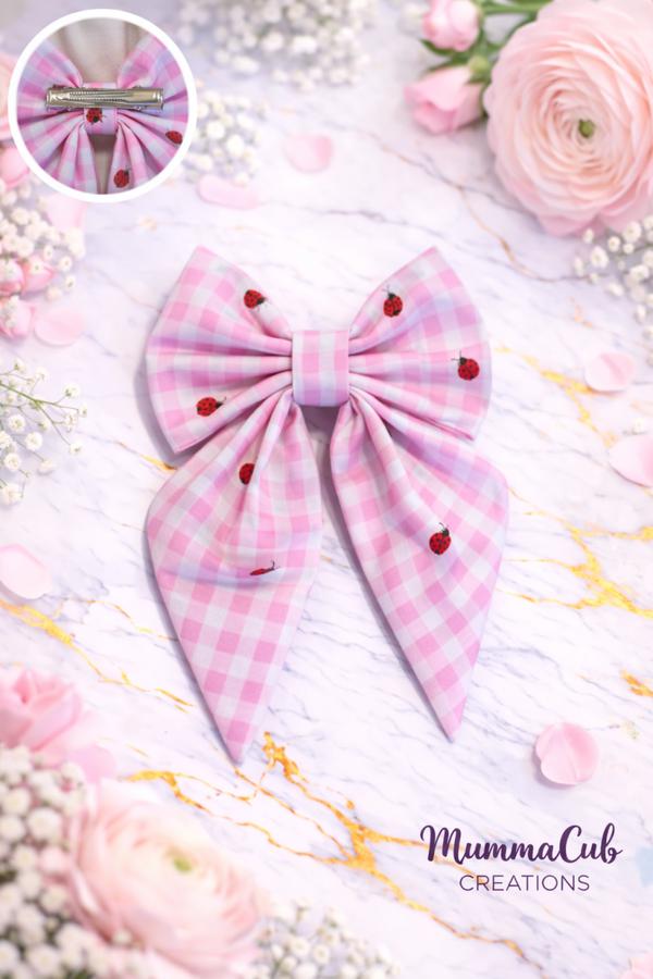 Small Pink Checkered Ladybug Hair Bow