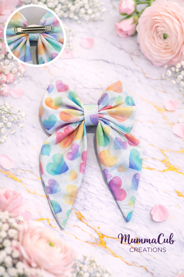 Small Pastel Rainbow Hearts Hair Bow